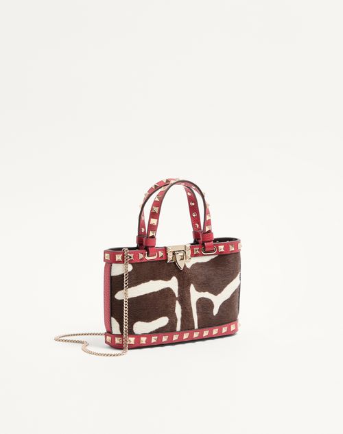 Valentino Garavani - Rockstud Mini Shopping Bag In Pony-effect Calfskin - White/marrone/red - Woman - Totes